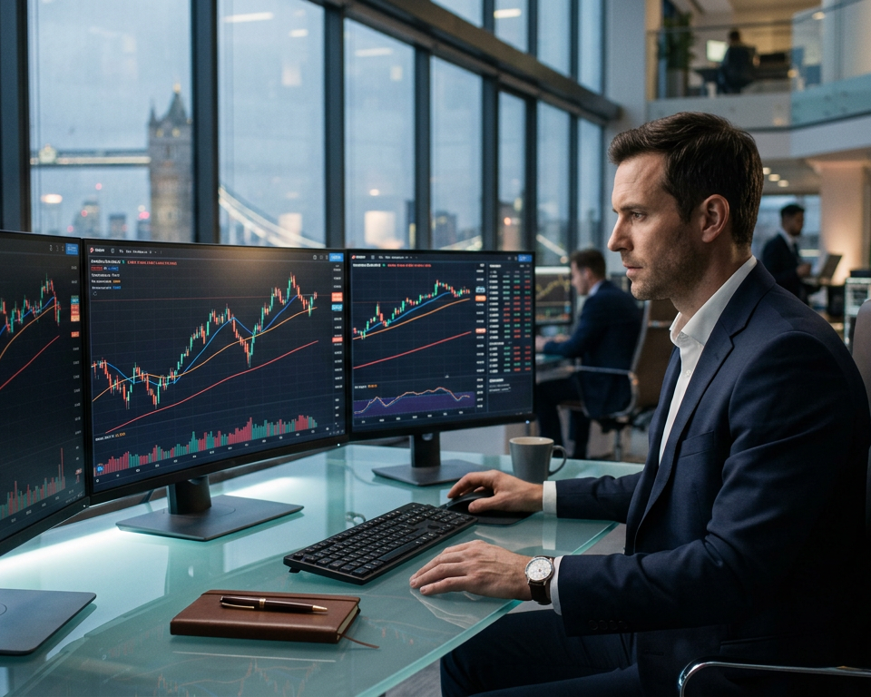 A professional financial trading chart showing various trend lines and technical indicators on a clean trading environment.