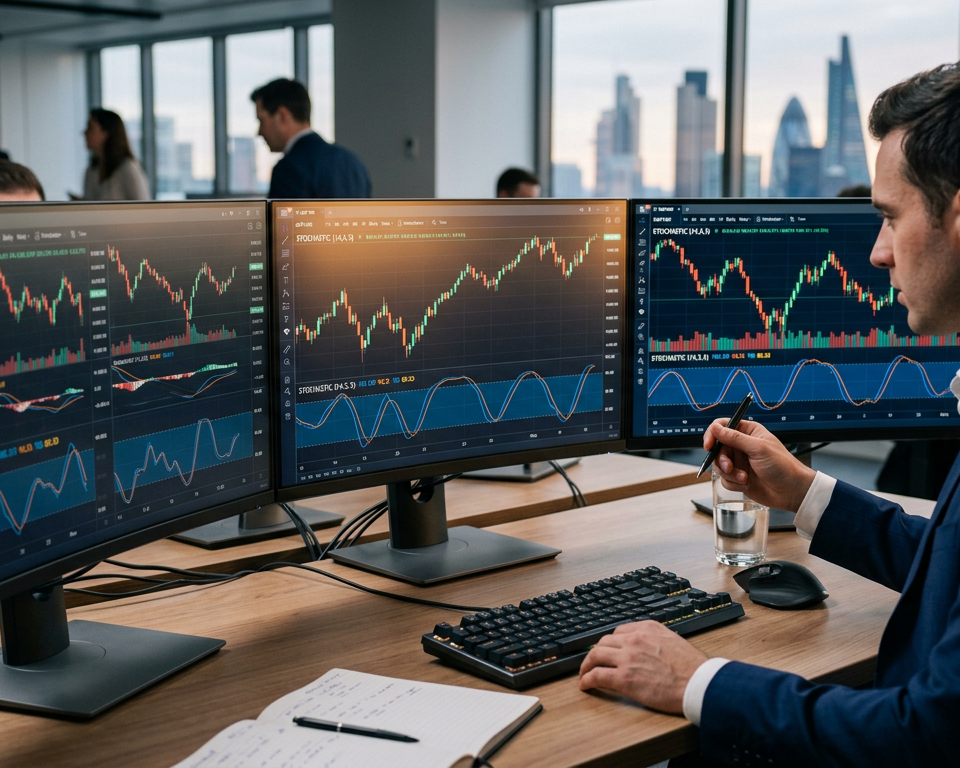 A clean financial candlestick chart featuring a technical momentum oscillator displayed in a separate pane below the price action.