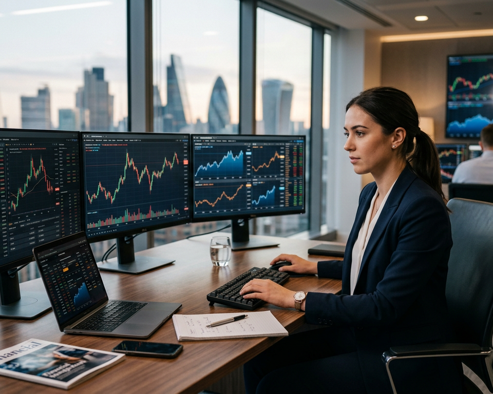A professional workspace with multiple monitors displaying financial market charts and trading data in a clean environment.