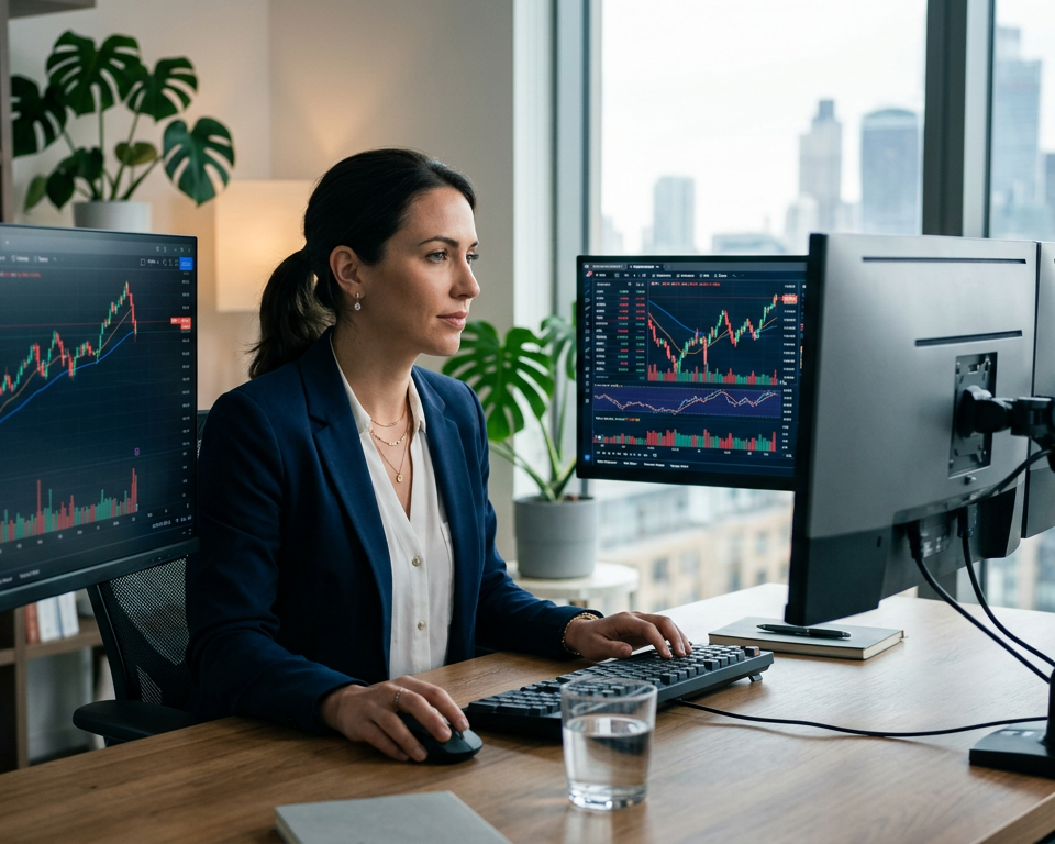 A professional desk with multiple monitors displaying financial candlestick charts and technical analysis for various global trading markets.