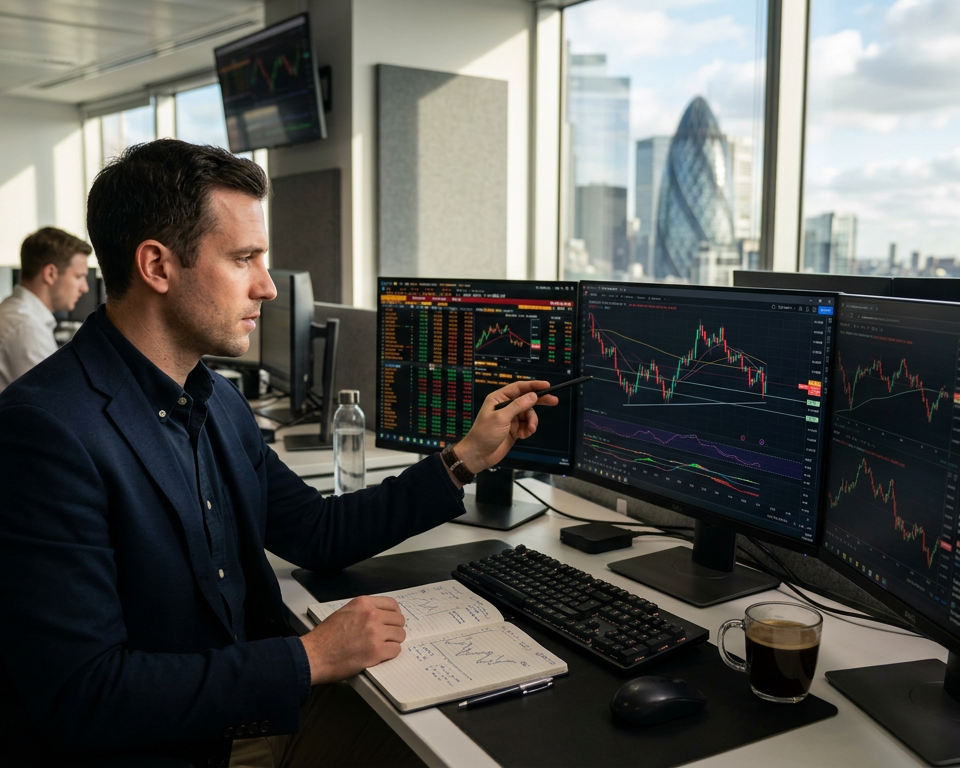 A professional desk with multi-monitor setups displaying various global financial market charts and time zone clocks.