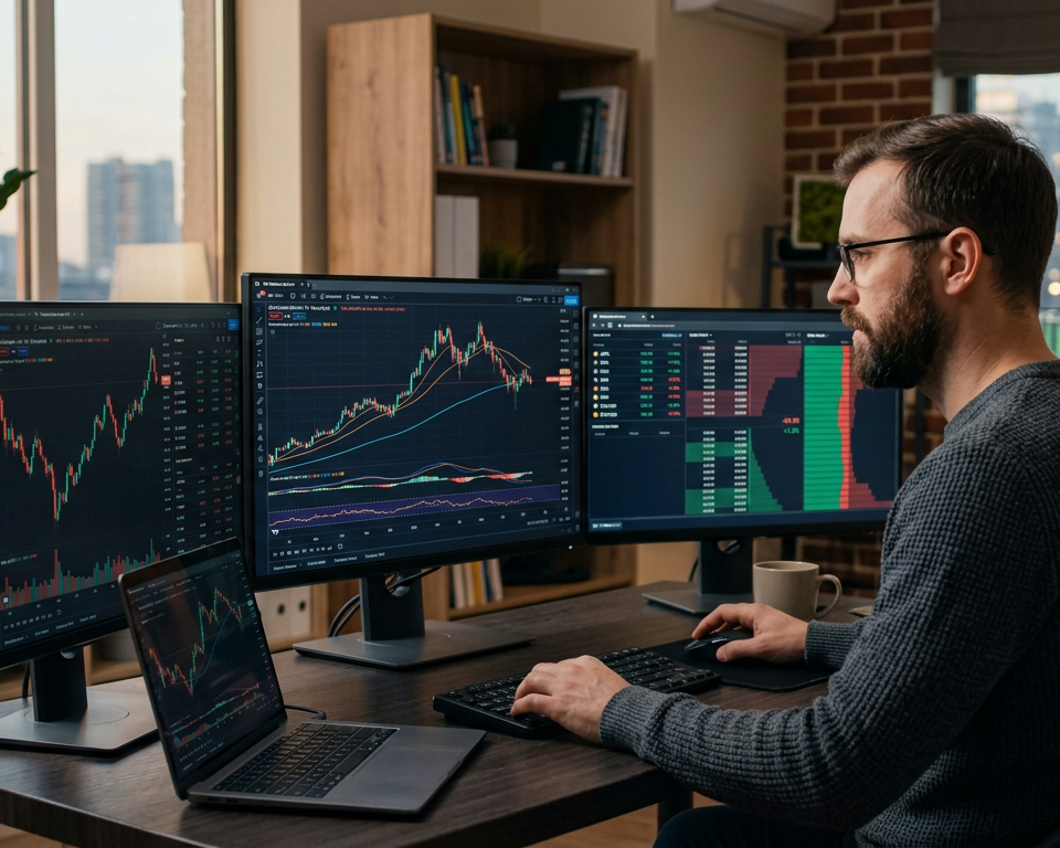 A professional workstation with multiple monitors displaying financial charts and technical analysis for a trader working from home.