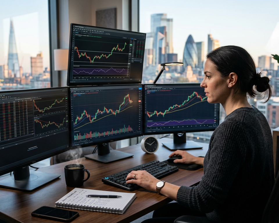 A professional workstation with multiple monitors displaying financial charts and a physical notebook on a wooden desk