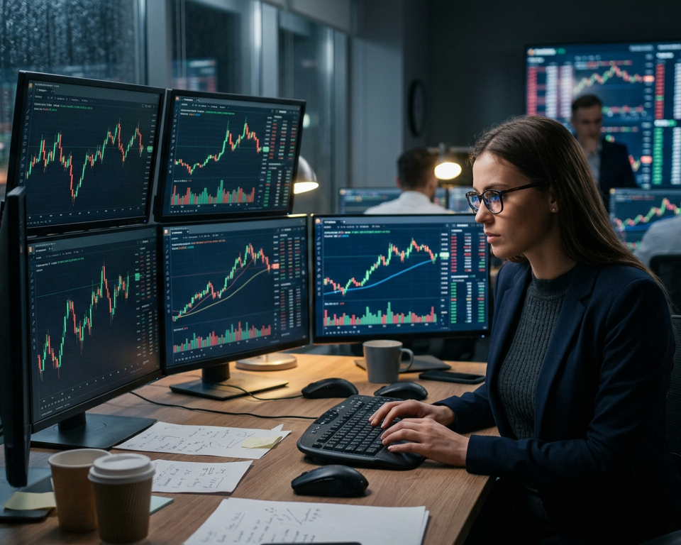 A clean desk with multiple computer screens showing candlestick charts for currency pairs and digital assets