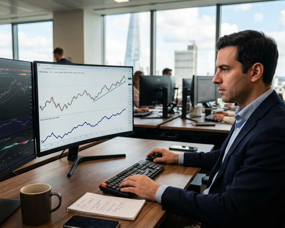 Professional trader analyzing a price chart with volume oscillators and technical indicators on a high-definition monitor.