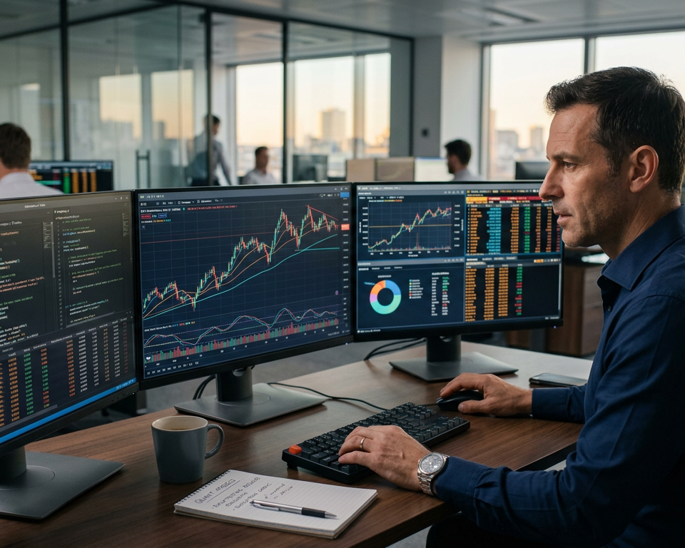 A clean workspace with multiple monitors showing financial charts, candles, and technical analysis indicators for systematic trading.