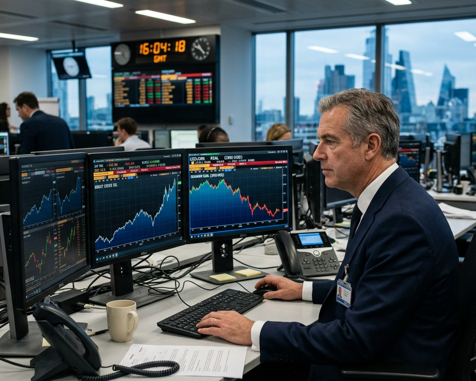 Professional trading desk with multiple monitors showing global financial charts and geopolitical news headlines during market volatility.