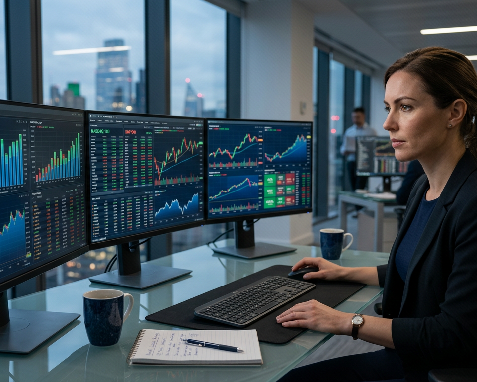 A professional desk setup featuring monitors displaying US stock market performance metrics and momentum-based leadership charts.