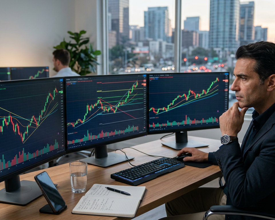 A clean financial chart showing a clear upward price trend with various technical analysis indicators and trend lines.