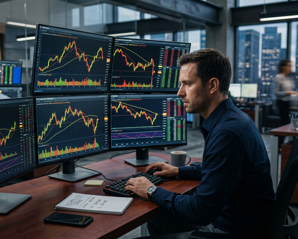 A clean professional trading workspace with multiple monitors displaying red and green price action charts representing market movement.