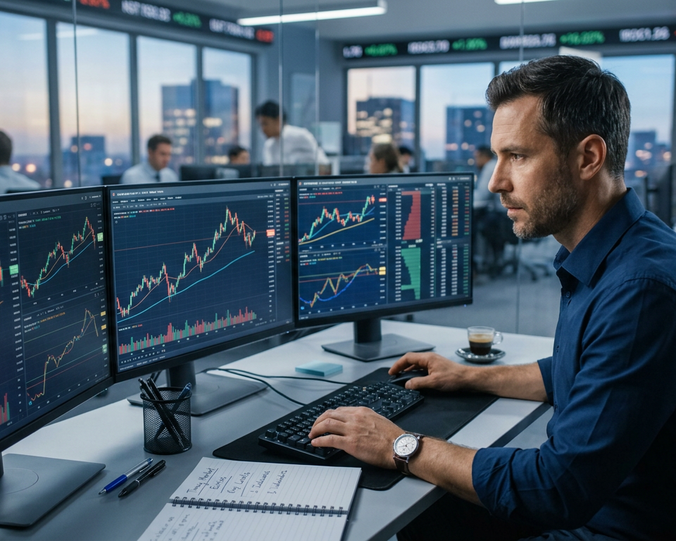 A professional trading desk setup with multiple candlestick charts displaying price action patterns and technical oscillators for market timing.