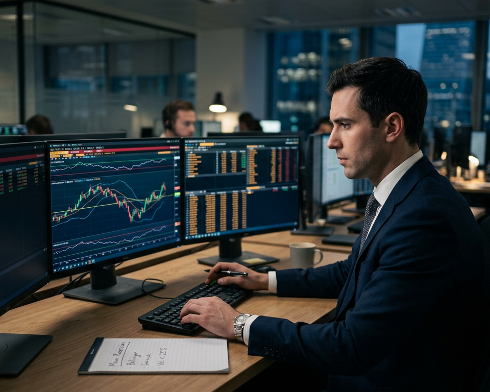 A professional trading desk with multiple monitors displaying financial charts, candlesticks, and technical indicators showing price oscillations around a central moving average.