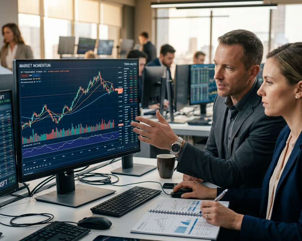 Professional traders looking at complex financial charts on multiple screens representing market trends and price velocity.