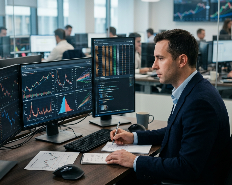 A professional desk with multiple screens displaying complex mathematical probability charts and financial data analysis tools in a clean office environment.