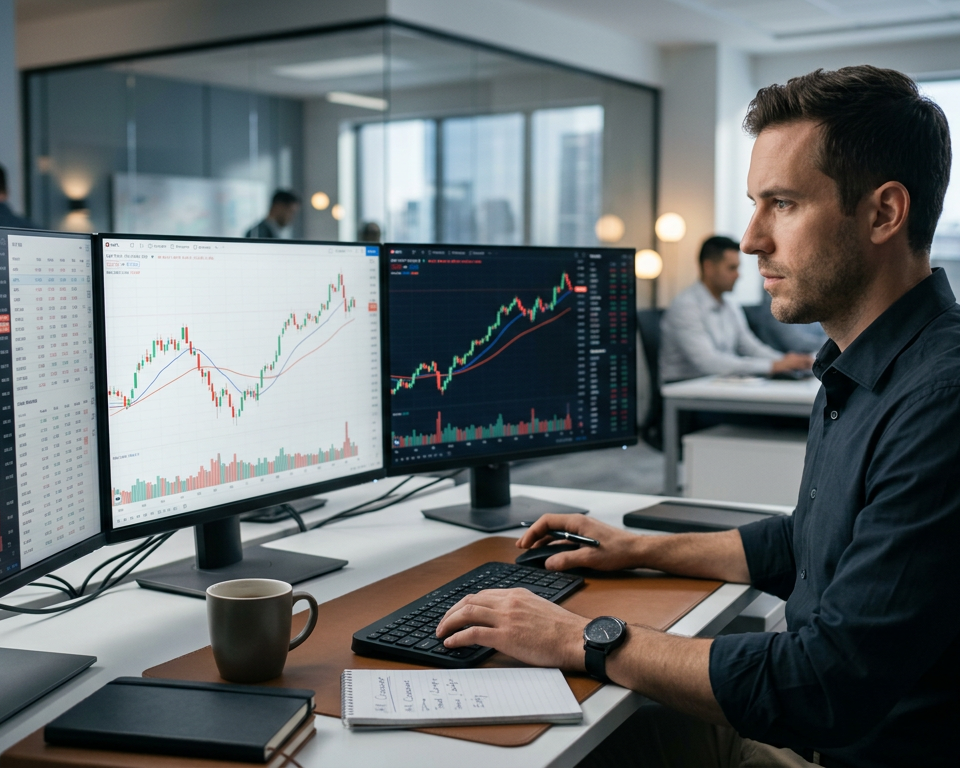 A clean financial candlestick chart showing two intersecting trend lines representing short-term and long-term price averages.