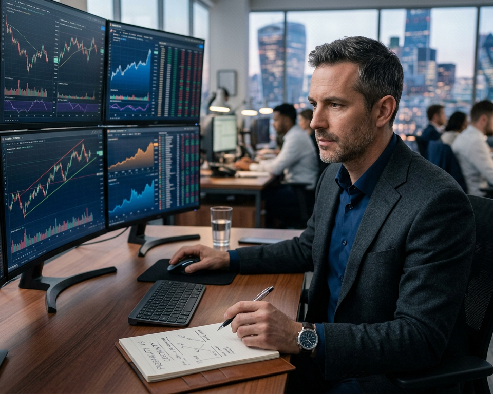 A professional trader analyzing complex financial charts on multiple monitors in a minimalist office setting focusing on long-term data trends.