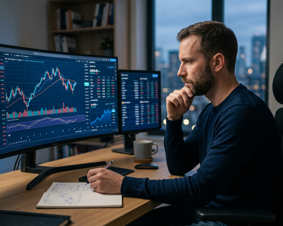 A focused trader looking at multiple financial charts on computer screens in a dimly lit professional office environment.
