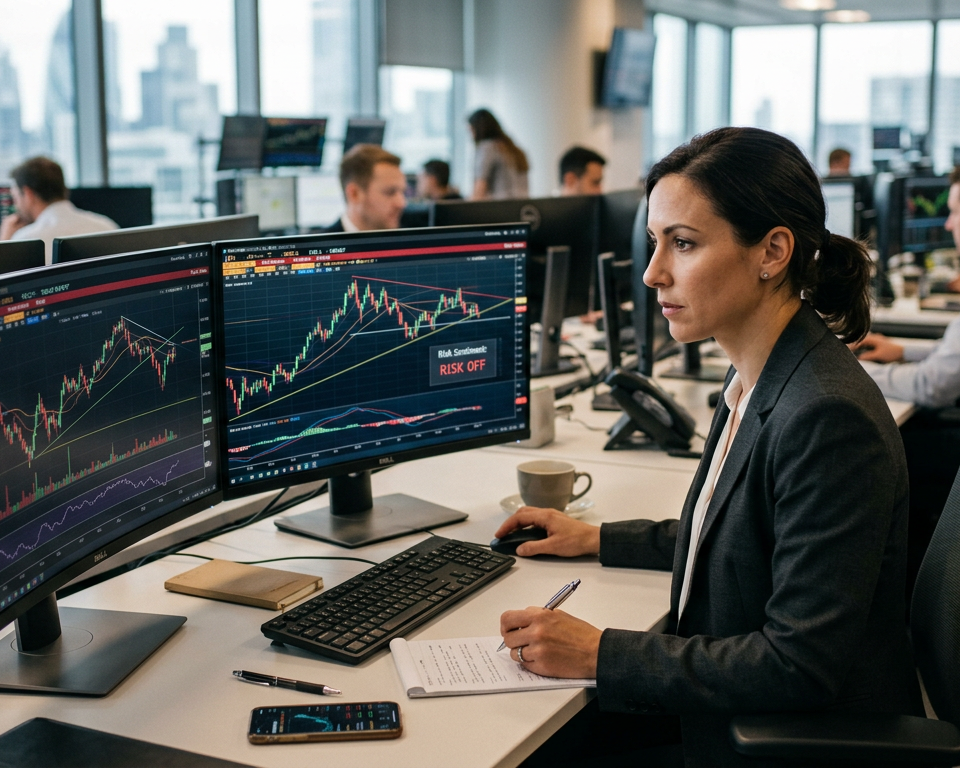 A professional financial analyst reviewing global market charts and economic indicators on multiple computer monitors in a quiet office environment.
