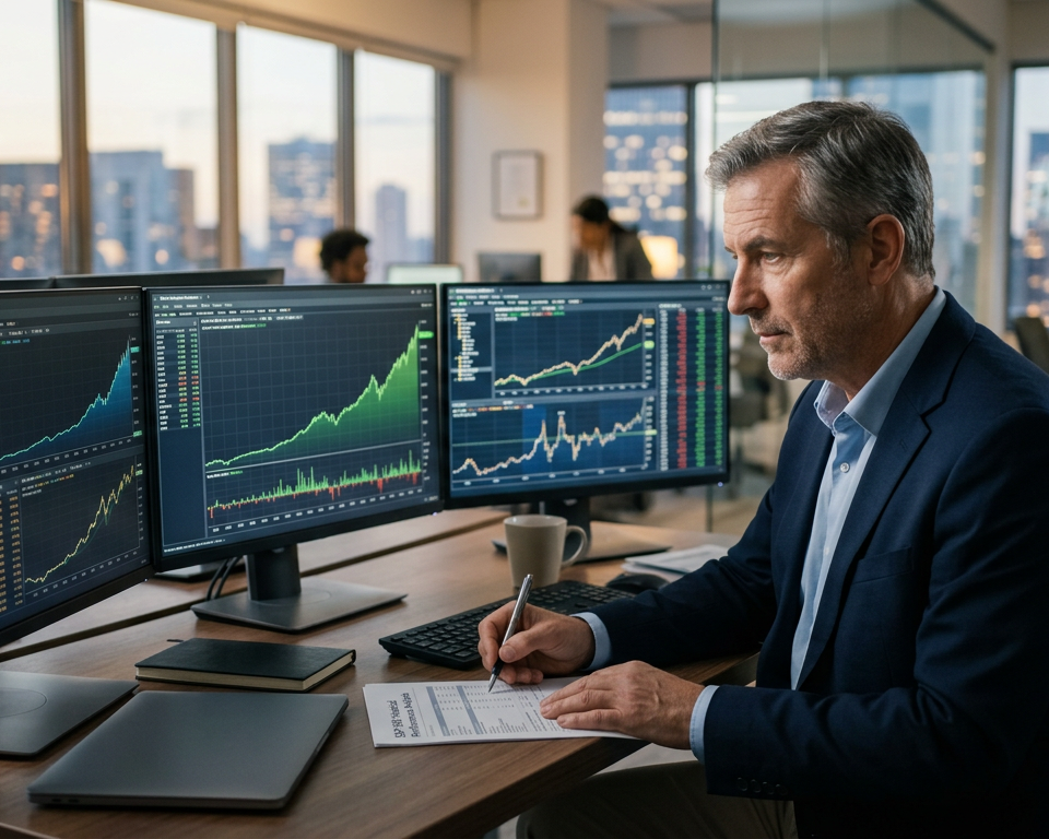 A conceptual image showing a rising financial chart representing long-term market growth and historical stock index performance over several decades.