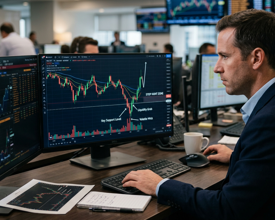 A professional candlestick chart showing price action breaking through a support level before rapidly reversing upward, illustrating a stop hunt.