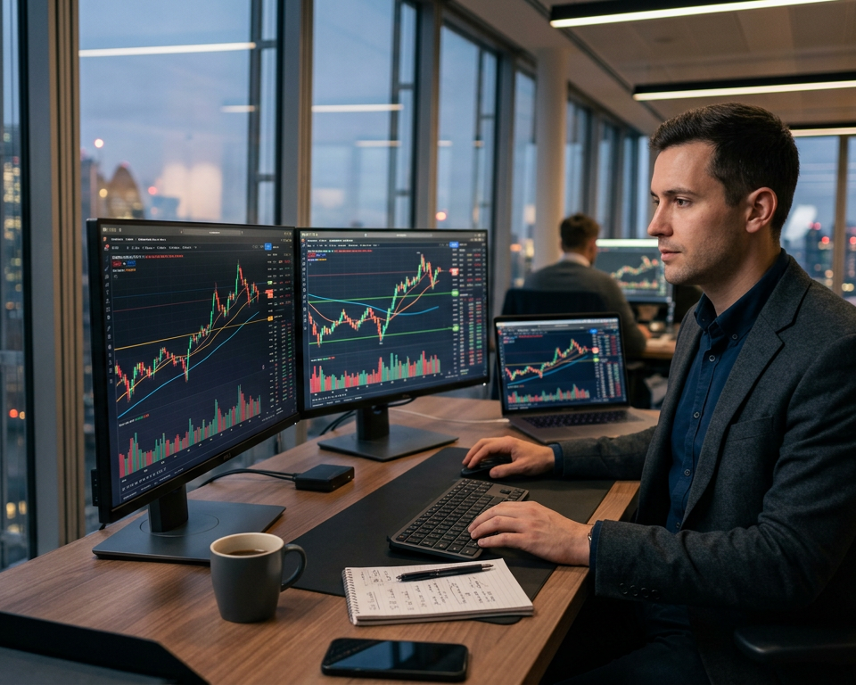 A professional trader analyzing multi-day price charts on a clean workspace with multiple monitors showing trend lines and candlesticks.