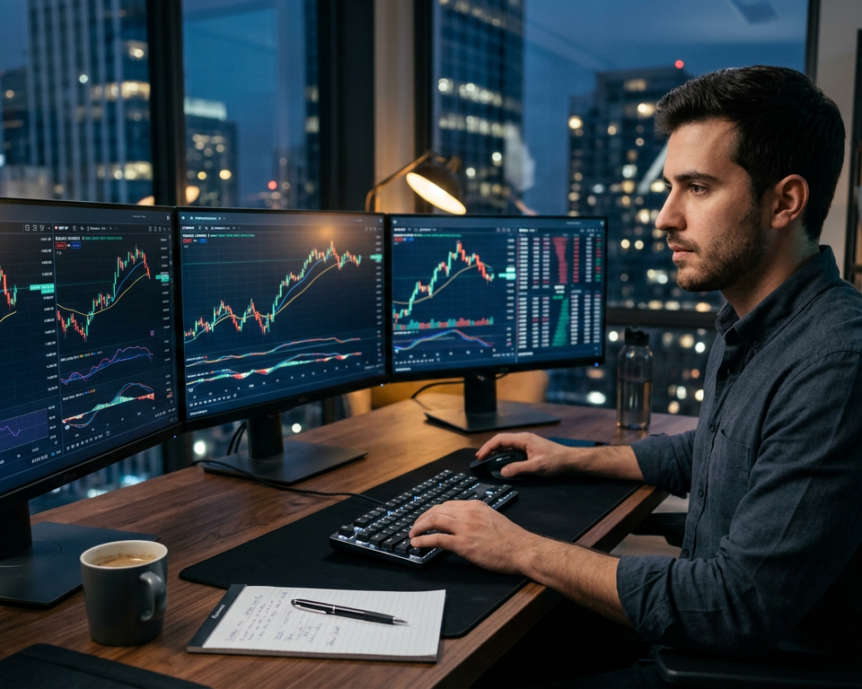 A professional workspace with multiple monitors displaying financial charts and community discussion boards for currency market participants.