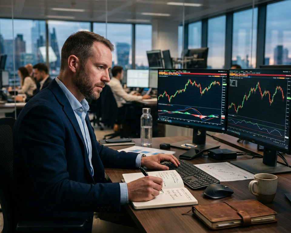 A professional trader sitting at a clean desk with multiple monitors showing financial market charts and a notebook for journaling.