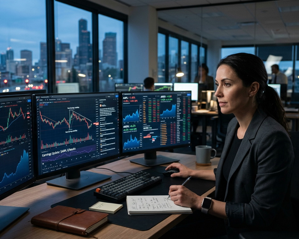 A professional financial workspace with multiple monitors displaying stock market candlestick charts and corporate financial data reports.