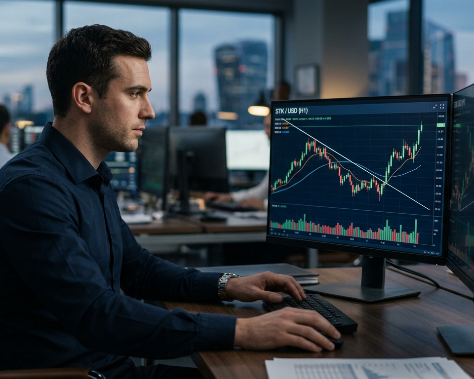A professional financial chart showing candlesticks with a diagonal trendline being breached by price action moving upward.
