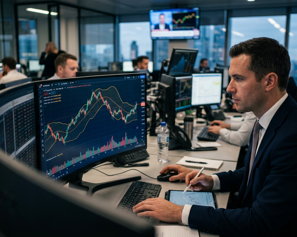 A clean financial candlestick chart showing a technical indicator with upper and lower price boundaries and a central mean line.