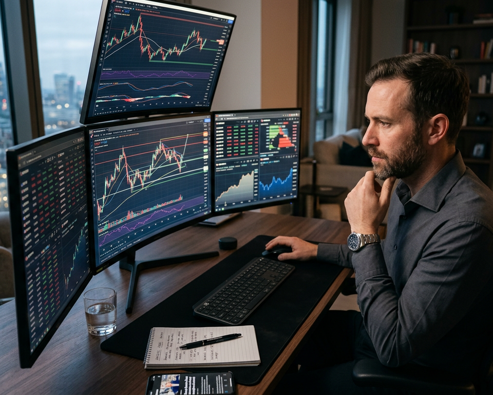 A professional trader analyzing multiple price charts on a clean monitor setup to identify market opportunities and trends.