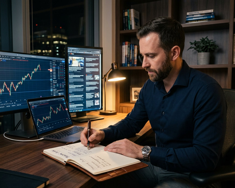 Professional trader analyzing financial charts on multiple monitors with a notebook and pen for structured planning and execution.