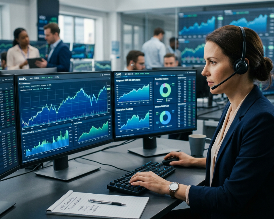 A professional financial workspace with multiple monitors displaying market index charts and global economic data indicators