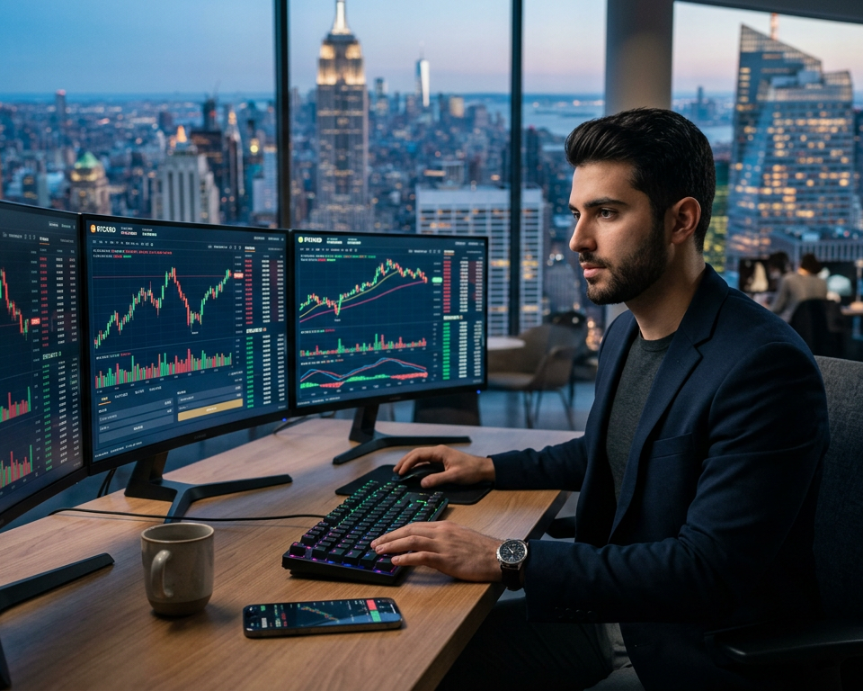A professional workspace featuring multiple monitors displaying complex financial candlestick charts and digital asset price movements in a modern office.