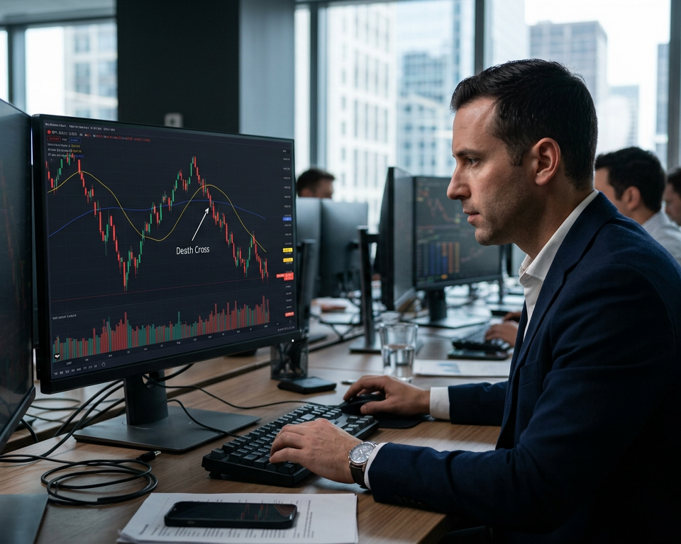 A professional financial candlestick chart showing a downward trend with two intersecting moving average lines highlighting a bearish crossover.
