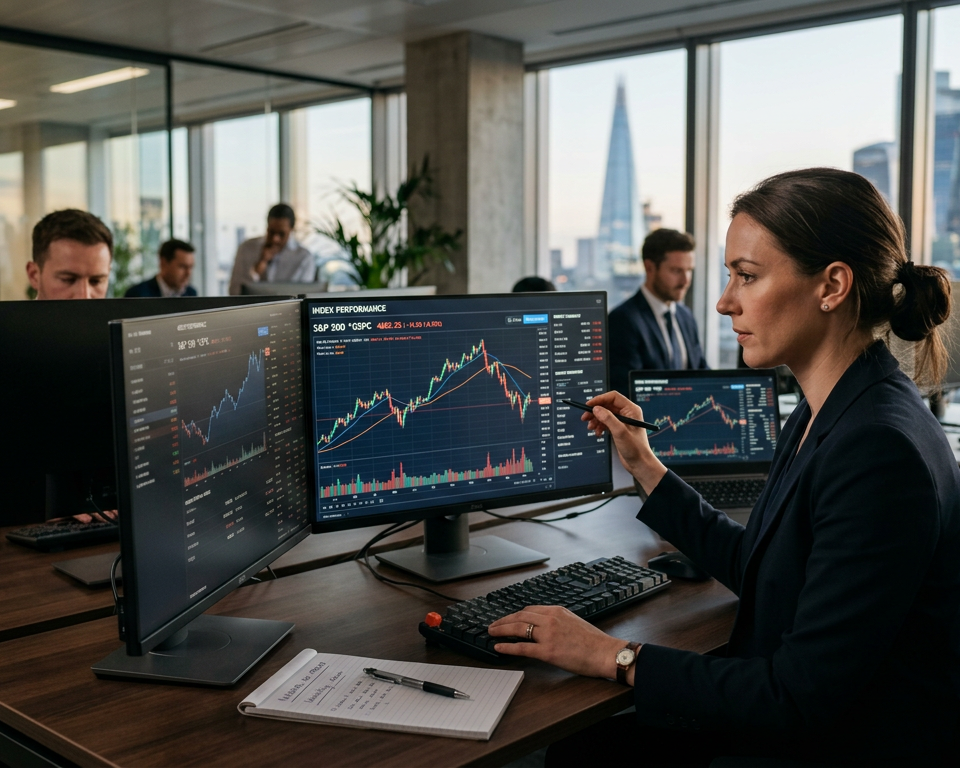 A professional financial analyst reviewing diverse global stock market indices displayed on a clean digital screen showing price movements.
