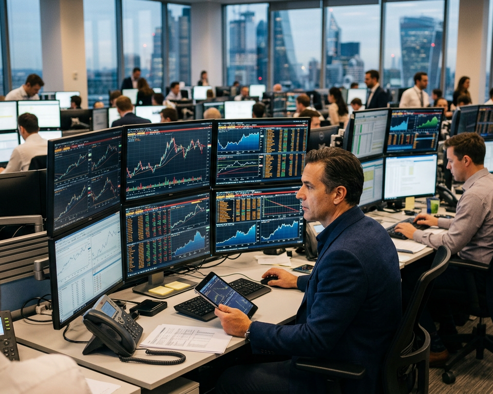 A professional trader analyzing complex financial charts on multiple screens in a dimly lit office environment symbolizing financial strategy.