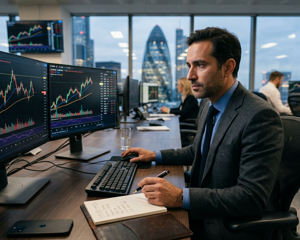 A professional workspace featuring multiple monitors displaying price charts and financial data for forex currency pair analysis.