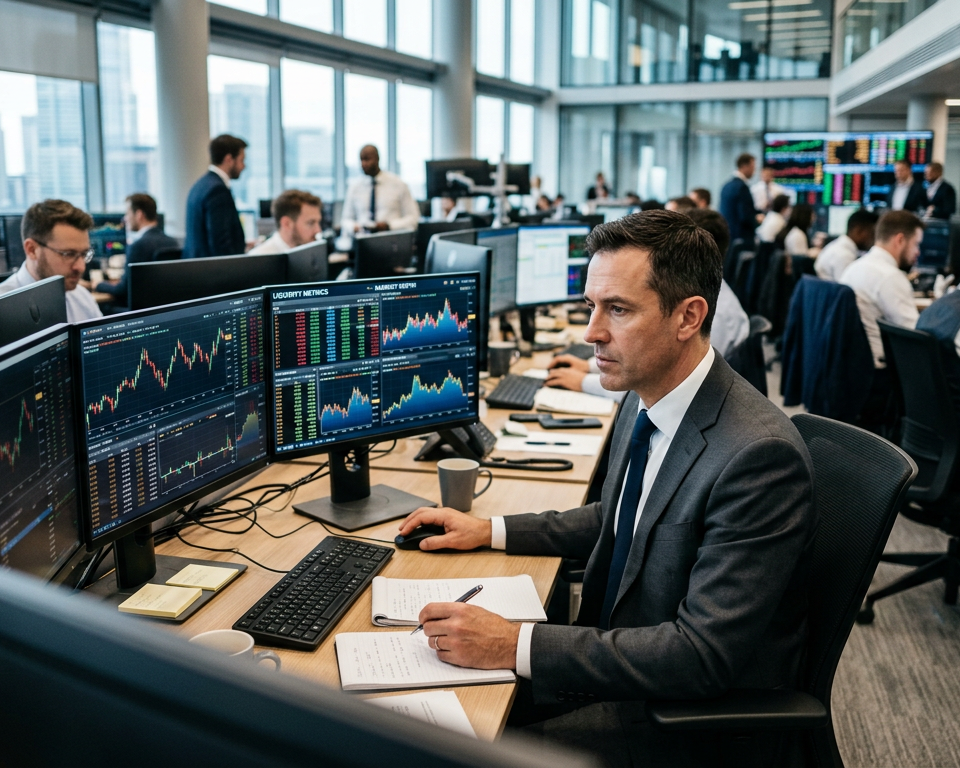 A professional desk with multiple monitors displaying various financial charts and candlesticks representing complex price movements and trading activity.