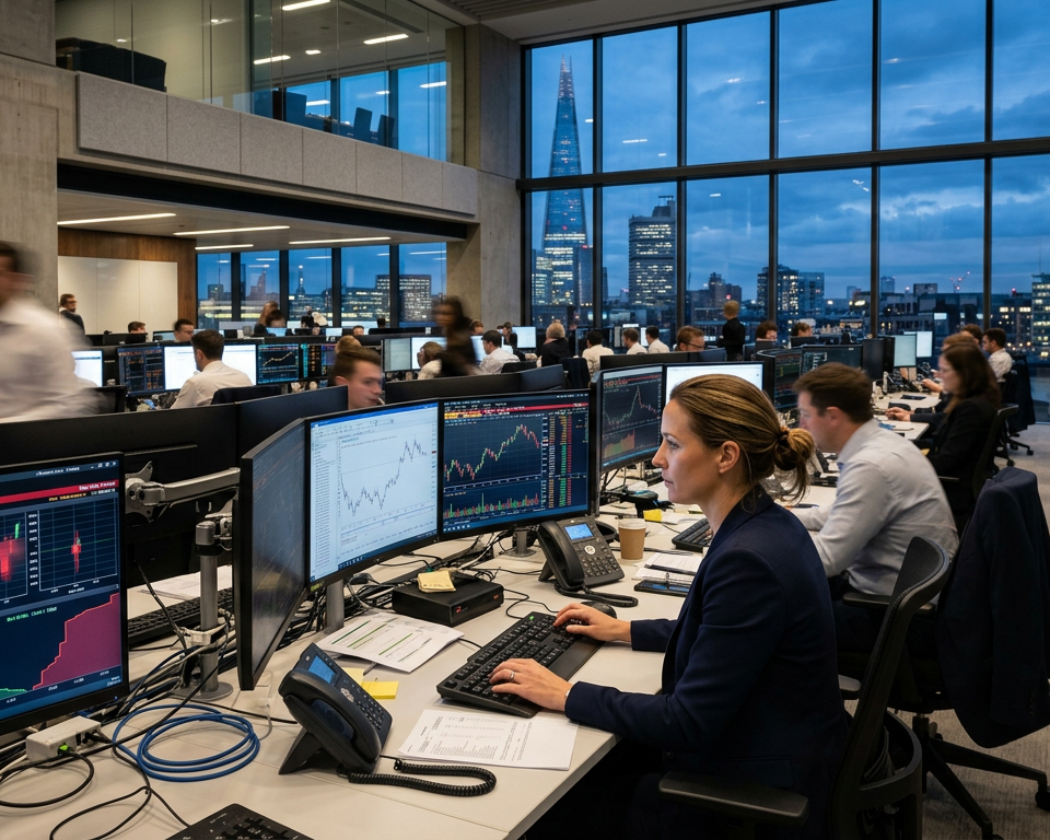 A professional trading environment showing multiple monitors with price charts and financial data representing global market liquidity and exchange volume.
