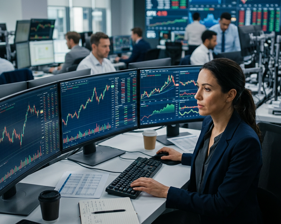 A professional financial analyst reviewing complex price charts and candlestick patterns on a desk with a calculator