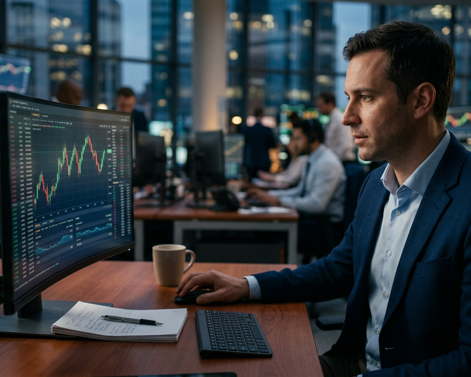 A professional trading desk with multiple monitors displaying financial Japanese candlestick charts and technical analysis indicators in a dark office.