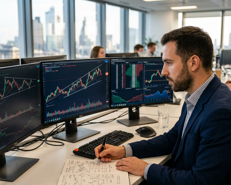 A professional desk with multiple monitors displaying clean Japanese candlestick charts and technical analysis price patterns on a dark background.