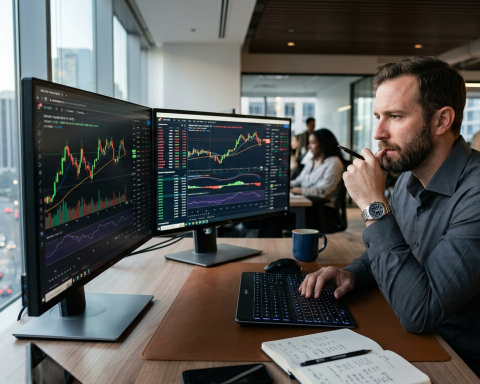 A professional trader analyzing price charts on multiple screens to determine optimal entry and exit points in financial markets.