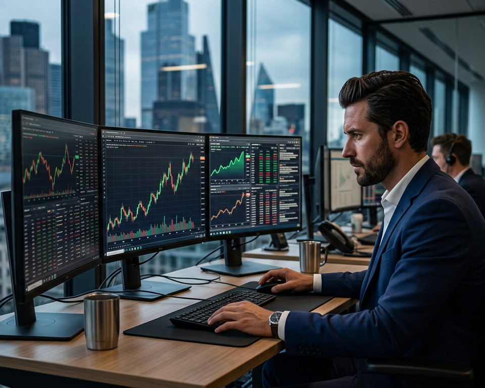 A professional trading desk layout with multiple monitors showing green and red candlestick price charts indicating strong upward market trends.