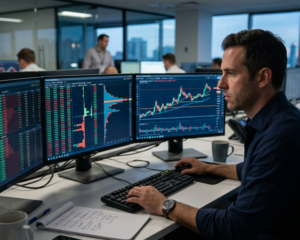 A professional trader analyzing complex financial data charts showing supply and demand imbalances on multiple monitors in a dark office.