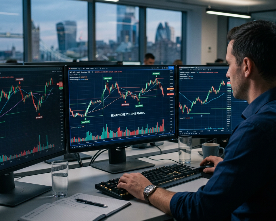 Professional trading charts showing volume bars and price pivot levels used for technical analysis and market timing.