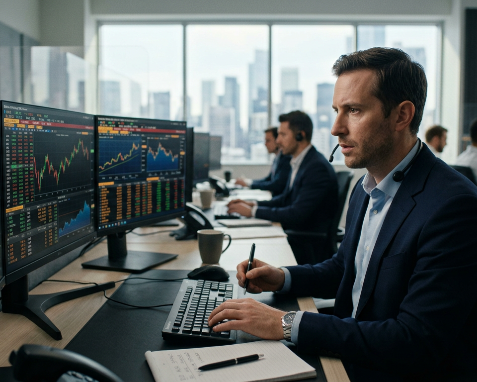 A professional financial analyst reviewing candlestick charts and order book data on multiple monitors in a dark office.