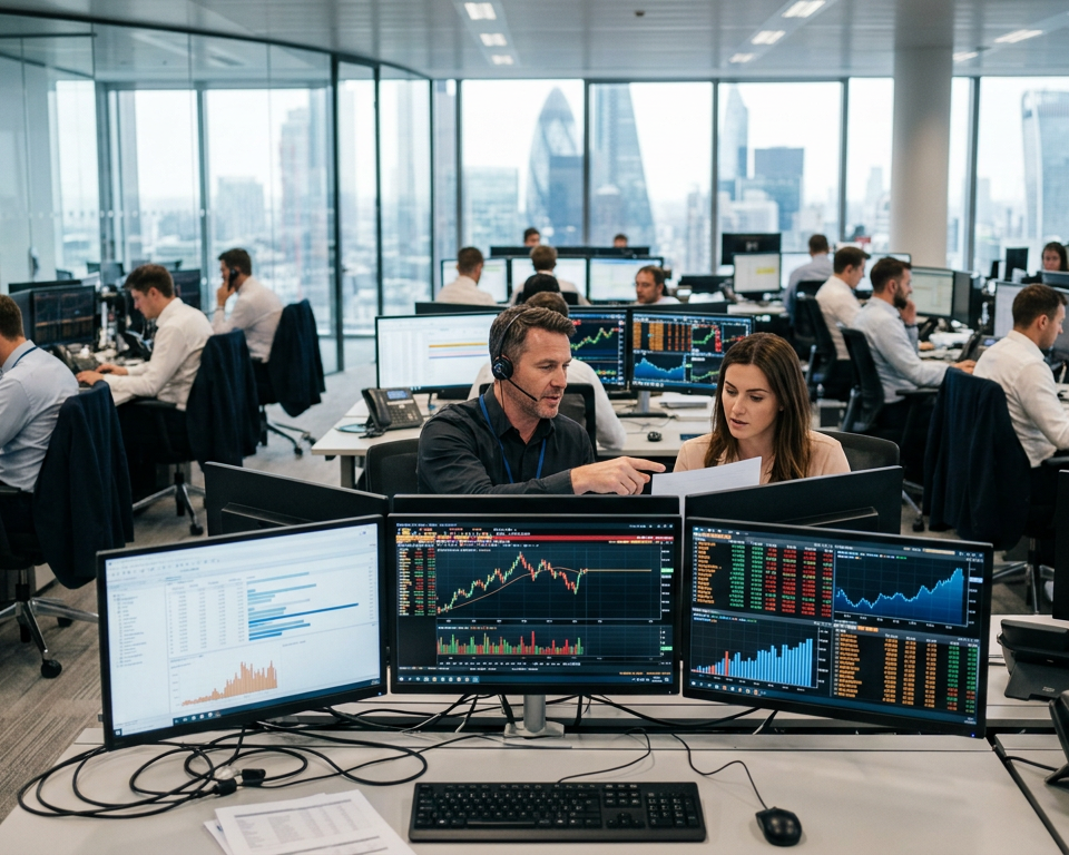 A professional desk with multiple monitors displaying various financial charts, candlesticks, and technical indicators used for performance analysis.