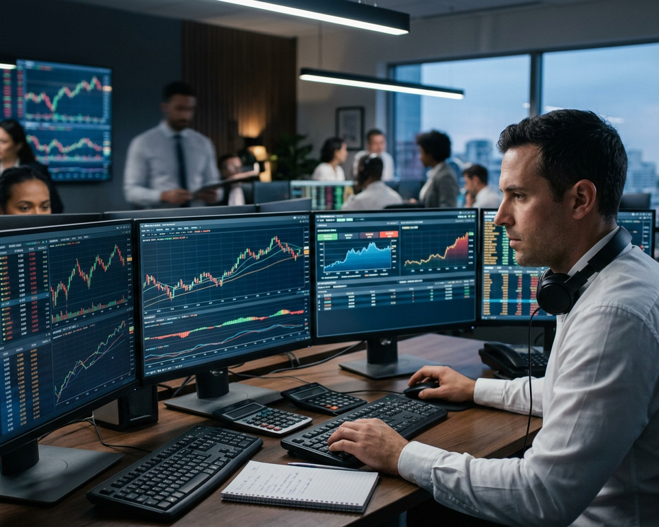 A professional trader analyzing complex financial candlesticks on a high-resolution monitor in a quiet, modern office setting.